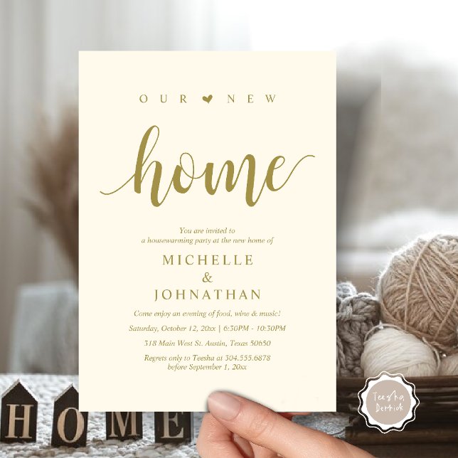 Our new home, Housewarming party invitation cards (Our new home, Housewarming party invitation card, first house invites, in Yellow gold)