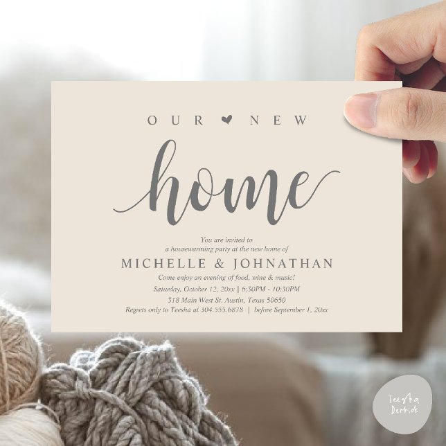 Our new home, Housewarming party invitation cards (Our new home, Housewarming party invitation card, first house invites, in Cream grey)