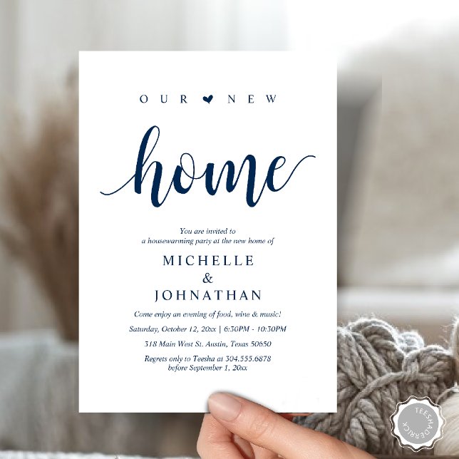 Our new home, Housewarming party invitation cards (Our new home, Housewarming party invitation card, first house invites, in navy blue)