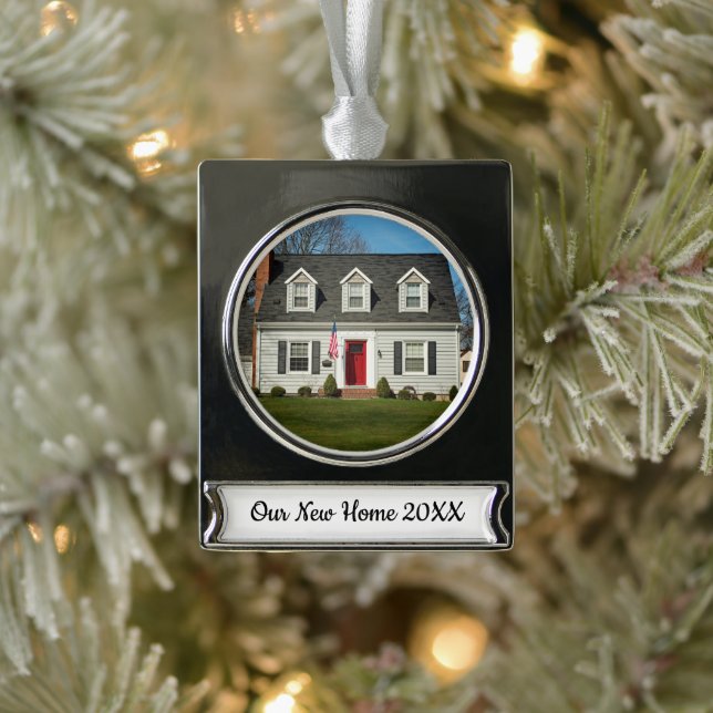 Our New Home Personalised Holiday Photo Keepsake Silver Plated Banner Ornament (Tree)