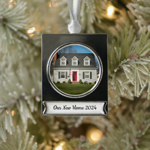 Our New Home Personalised Holiday Photo Keepsake Silver Plated Banner Ornament