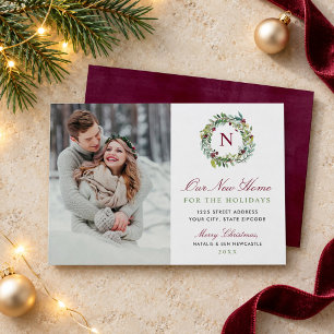 Our New Home Winter Greenery Monogram Photo Holiday Card