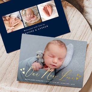 Our New Love Foil Script Photo Birth Announcement