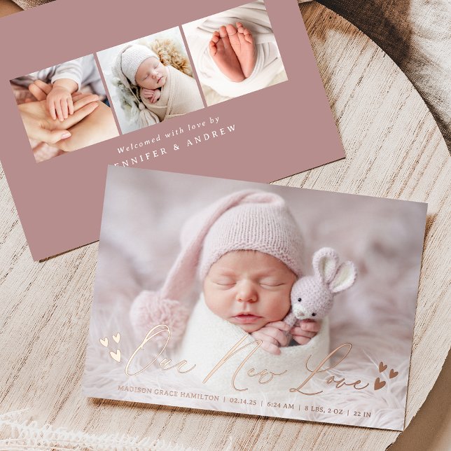 Our New Love Foil Script Photo Birth Announcement (Creator Uploaded)
