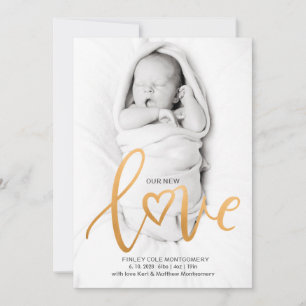 Our New Love Script Photo Birth Announcement 