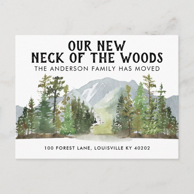Our New Neck of the Woods Forest Mountain Moving Announcement Postcard (Front)