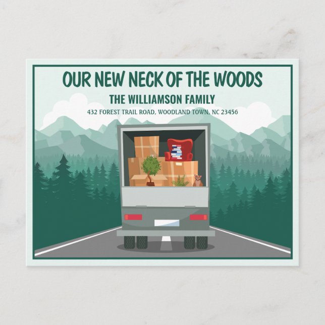 Our New Neck of the Woods Green Forest Moving Announcement Postcard (Front)