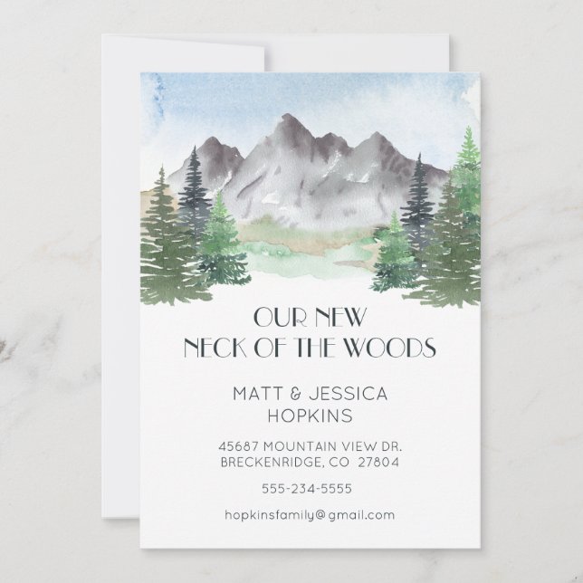 Our New Neck of the Woods Mountain Watercolor Announcement (Front)