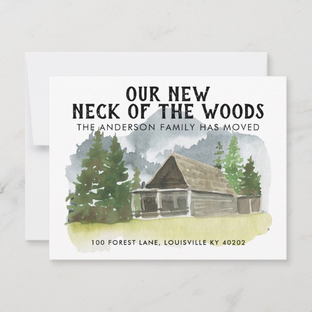 Our New Neck of the Woods Trees Mountain Moving Announcement (Front)