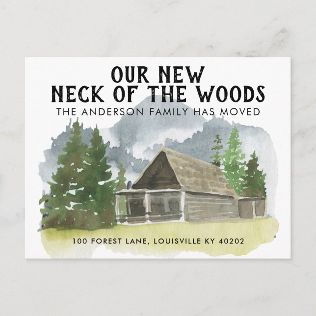 Our New Neck of the Woods Trees Mountain Moving Announcement Postcard (Front)