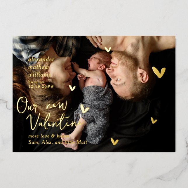 Our New Valentine Gold Foil Boy Birth Announcement (Front)