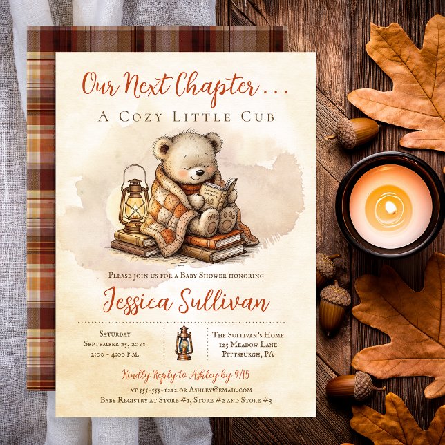 Our Next Chapter Teddy Bear Cub Fall Baby Shower Invitation (Our Next Chapter Cozy Little Cub teddy bear reading baby shower invitation)