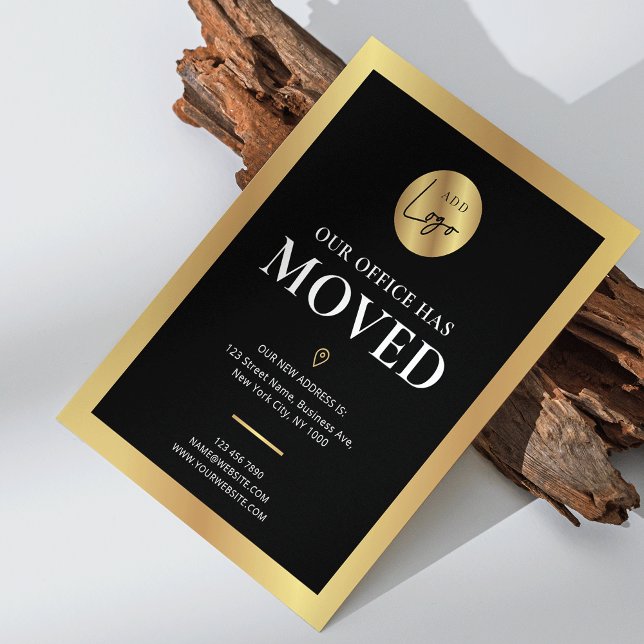 Our Office Has Moved Black & Gold Logo New Address Postcard (modern black and gold logo address change announcement business postcard)