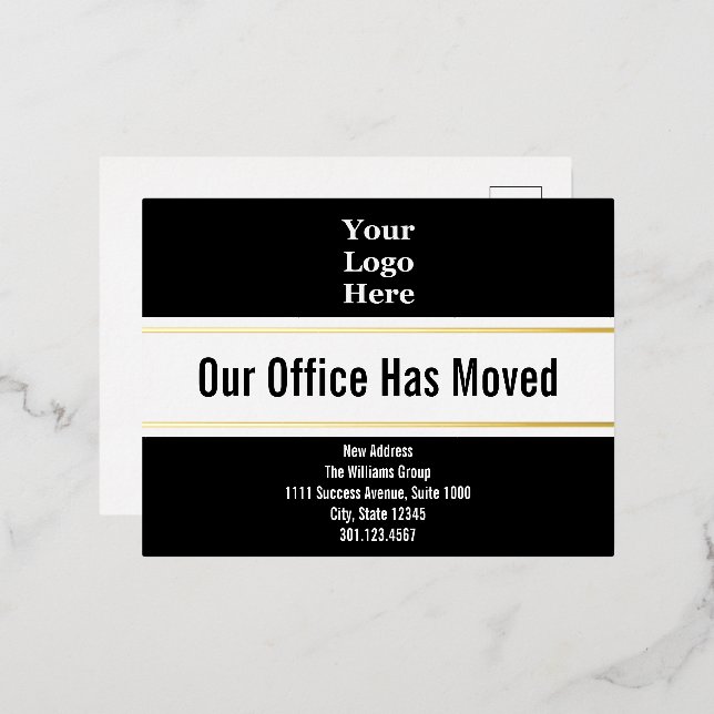 Our Office Has Moved Black White Gold Postcard (Front/Back)