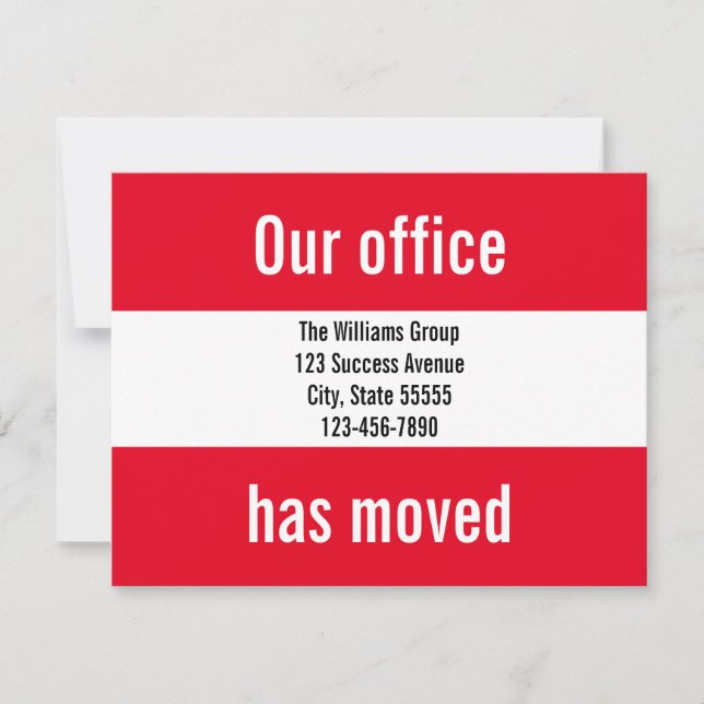 Our Office Has Moved Bright Red & White Moving Announcement (Front)