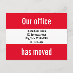 Our Office Has Moved Bright Red & White Moving Announcement Postcard