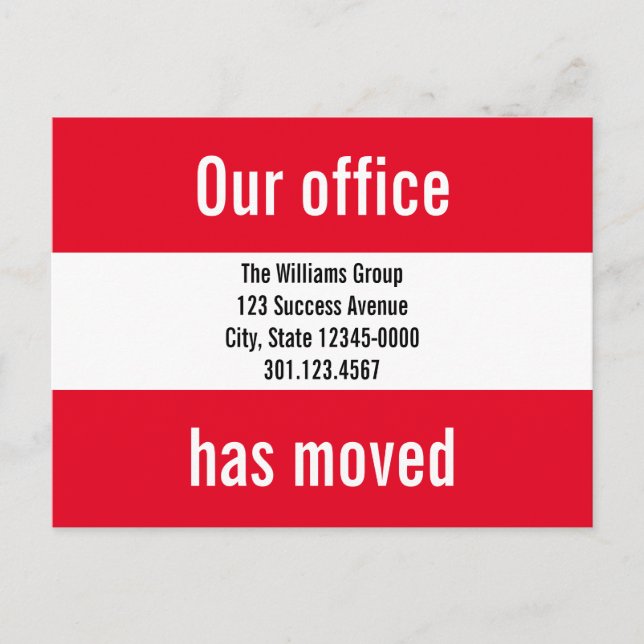 Our Office Has Moved Bright Red & White Moving Announcement Postcard (Front)