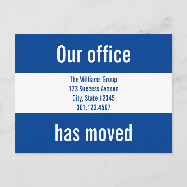 Our Office Have Moved Blue and White Announcement Postcard (Front)