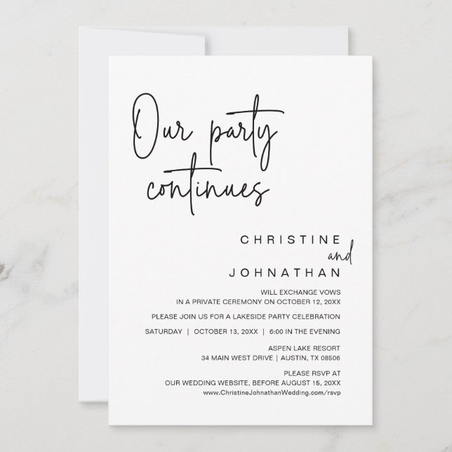 Our Party Continues, Wedding Elopement Dinner Invitation (Front)