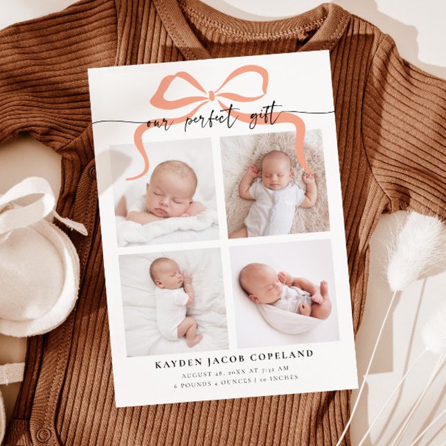 Our Perfect Gift Pink Bow Photo Birth Announcement (Creator Uploaded)