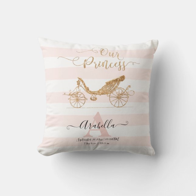 Our Princess Gold Glitter Blush Baby Girl Stats Cushion (Front)