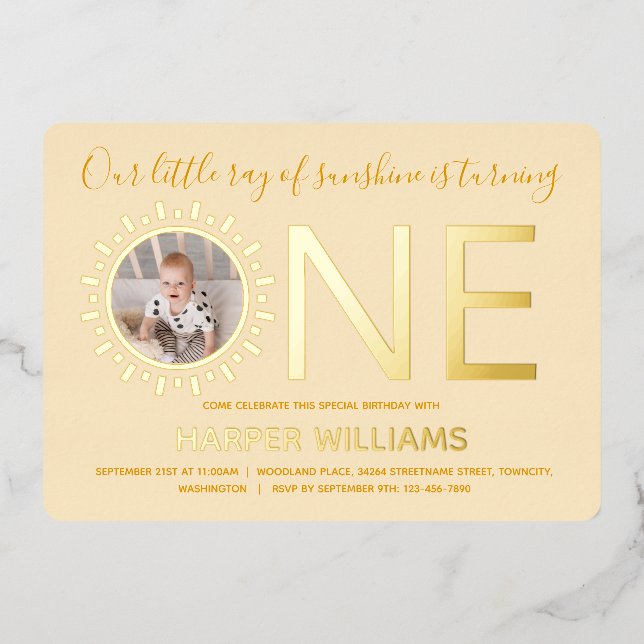 Our Ray of Sunshine Gold Photo Baby 1st Birthday (Front)