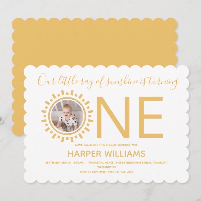 Our Ray of Sunshine Photo Baby 1st Birthday Invitation (Front/Back)