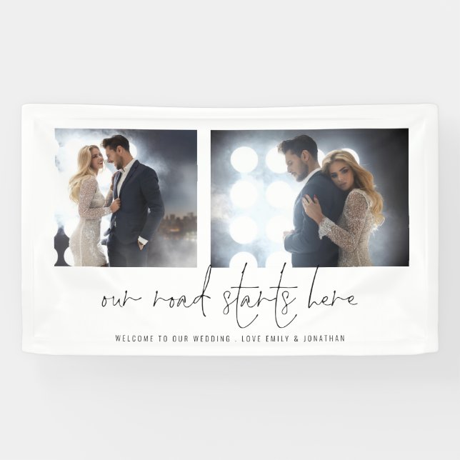 Our Road Starts Here 2 Photo Welcome Wedding Banner (Horizontal)