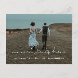 Our road starts here Minimalist Photo Announcement Postcard