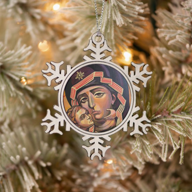 Our Saint Mother Mary Theotokos Snowflake Pewter Christmas Ornament (Tree)