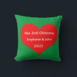 Our Second Christmas Together Cute Red Heart 2023  Cushion<br><div class="desc">Personalised names and printed with cute red heart design in solid green background. Feel free to customise by adding your own texts,  names or photos. The colour of the background and the year can also be changed as you want!</div>