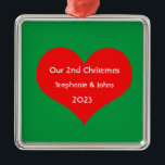 Our Second Christmas Together Cute Red Heart 2023  Metal Tree Decoration<br><div class="desc">Personalised names and printed with cute red heart design in solid green background. Feel free to customise by adding your own texts,  names or photos. You can add your photo on the back side of the ornament easily!
The colour of the background can also be changed as you want.</div>