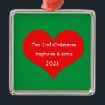 Our Second Christmas Together Cute Red Heart 2023  Metal Tree Decoration<br><div class="desc">Personalised names and printed with cute red heart design in solid green background. Feel free to customise by adding your own texts,  names or photos. You can add your photo on the back side of the ornament easily!
The colour of the background can also be changed as you want.</div>