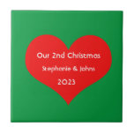 Our Second Christmas Together Cute Red Heart 2023  Tile<br><div class="desc">Personalised names and printed with cute red heart design in solid green background. Feel free to customise by adding your own texts,  names or photos. The colour of the background and the year can also be changed as you want!</div>