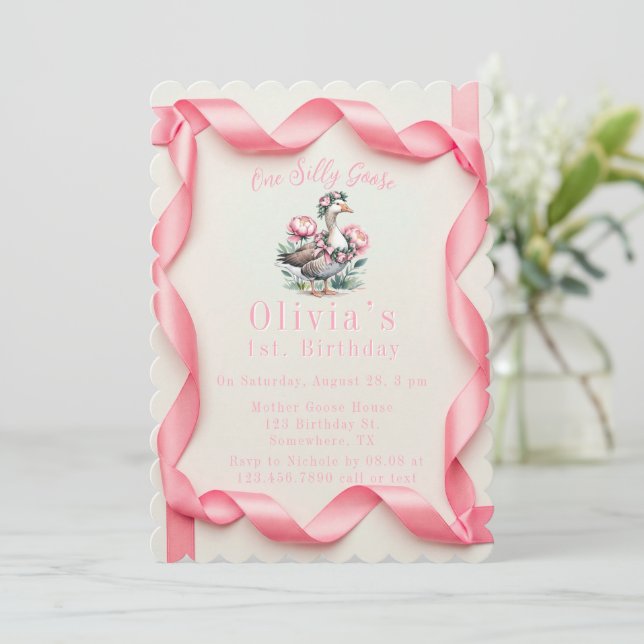 Our Silly Goose is Turn One Girl Birthday Party Invitation (Standing Front)