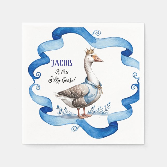Our Silly Goose Is Turning One Boy Birthday Napkin (Front)