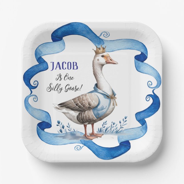 Our Silly Goose Is Turning One Boy Birthday Paper Plate (Front)