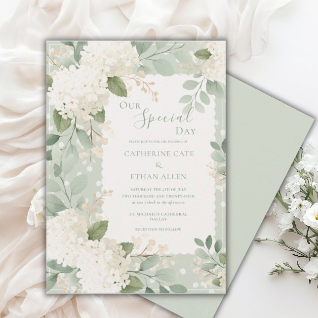Our Special Day White Hydrangeas Vintage Wedding Invitation (Creator Uploaded)