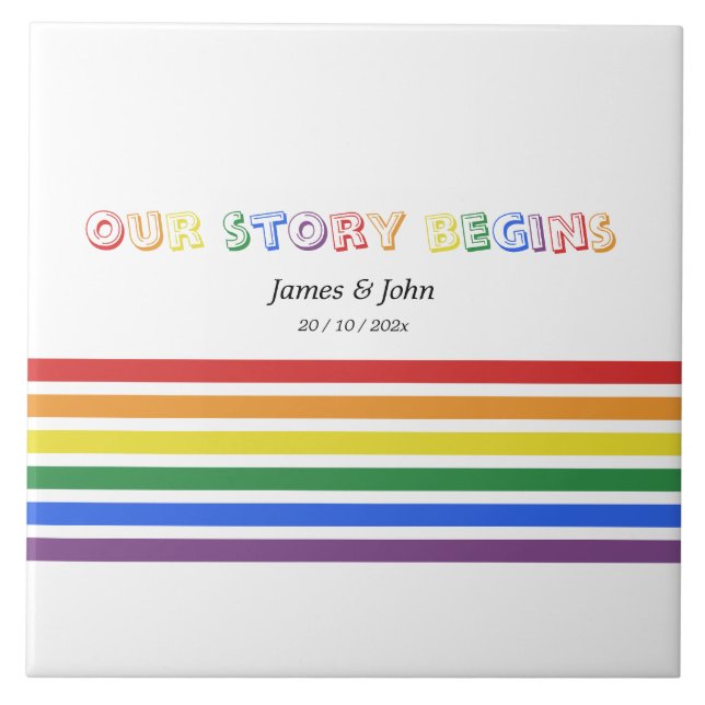 Our Story Begins Rainbow LGBTQ Flag Couple Tile (Front)