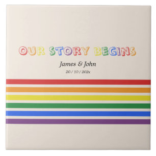 Our Story Begins Rainbow LGBTQ Flag Couple Tile