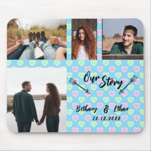 Our Story Couple Photo Collage Blue Hearts Pattern Mouse Mat