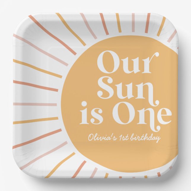 Our Sun is One Boho Sunshine birthday Paper Plate (Front)