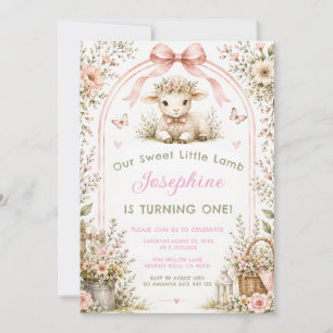Our Sweet Little Lamb Pink Floral First Birthday Invitation