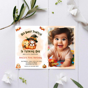 Our Sweet Pumpkin Watercolor first birthday Photo Invitation