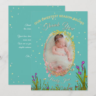 Our Sweetest Season Begins Cyan Floral Gold Thank You Card