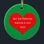 Our Third Christmas Together Cute Red Heart 2021 Ceramic Tree Decoration<br><div class="desc">Personalized names and printed with cute red heart design in solid green background. Feel free to customize by adding your own texts,  names or photos. You can add your photo on the back side of the ornament easily!
The color of the background can also be changed as you want.</div>