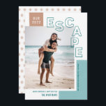 Our Travel Escape | Beach Modern Photo Christmas Holiday Card<br><div class="desc">Were you finally able to travel? Share about your adventure with this stylish photo holiday card! It features a modern outline text overlay, reading, "ESCAPE, " along with text templates for personalisation! A colour scheme of teal aqua, light smoky teal, and light terracotta coral give these Christmas photo cards a...</div>