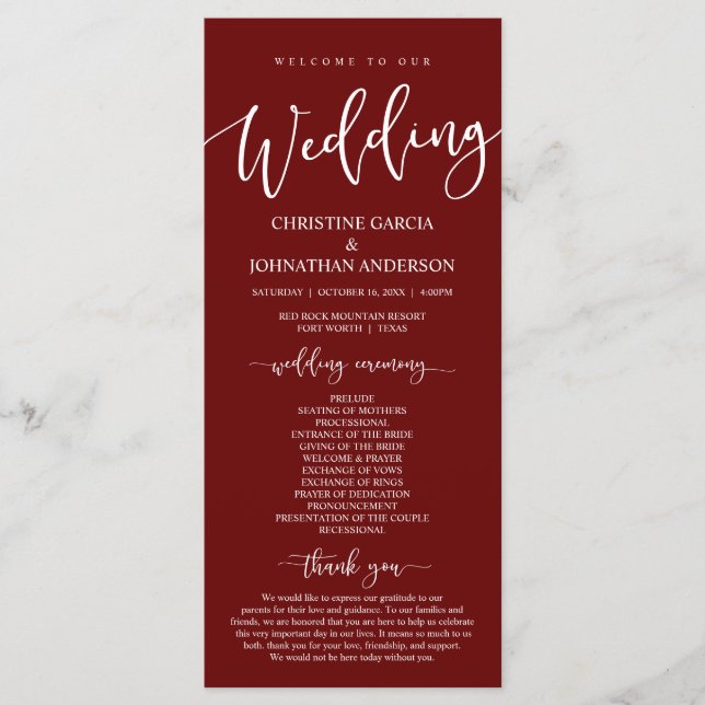 Our Wedding Ceremony, Classy Burgundy Program Programme (Front)