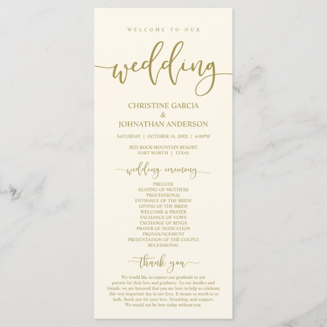 Our Wedding Ceremony, Elegant Classy Gold Programme (Front)