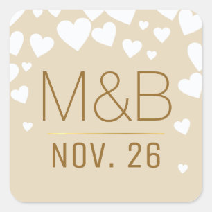 our wedding, cute love hearts on taupe  square sticker